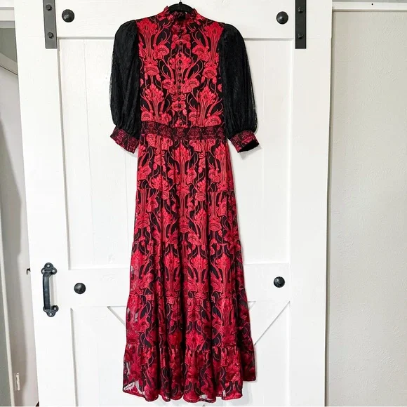 Alice + Olivia Coletta Embroidered Maxi Dress Silk Red Black Size 4 - Picture 2 of 8